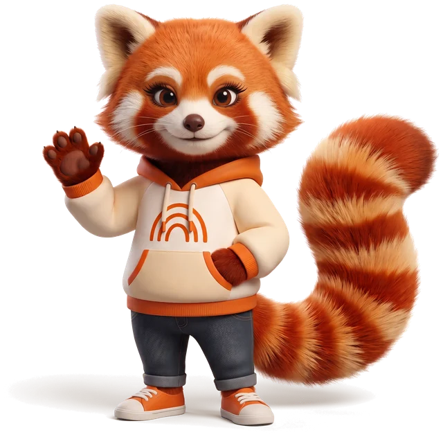 Thera, un panda rojo con el buzo de Huella Digital, saludando